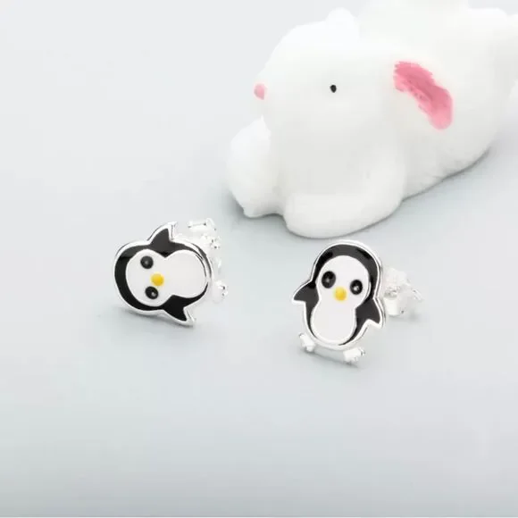 Cute Penguin Stud Earrings 925 Sterling Silver - Picture 3 of 6